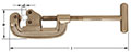 Horizontal image of a pipe cutter with a long upward facing “C” shaped design, lying on its back with the tube cutting space toward the left end. The cutter has a long threaded T-handle to the right for turning and cutting pipes.